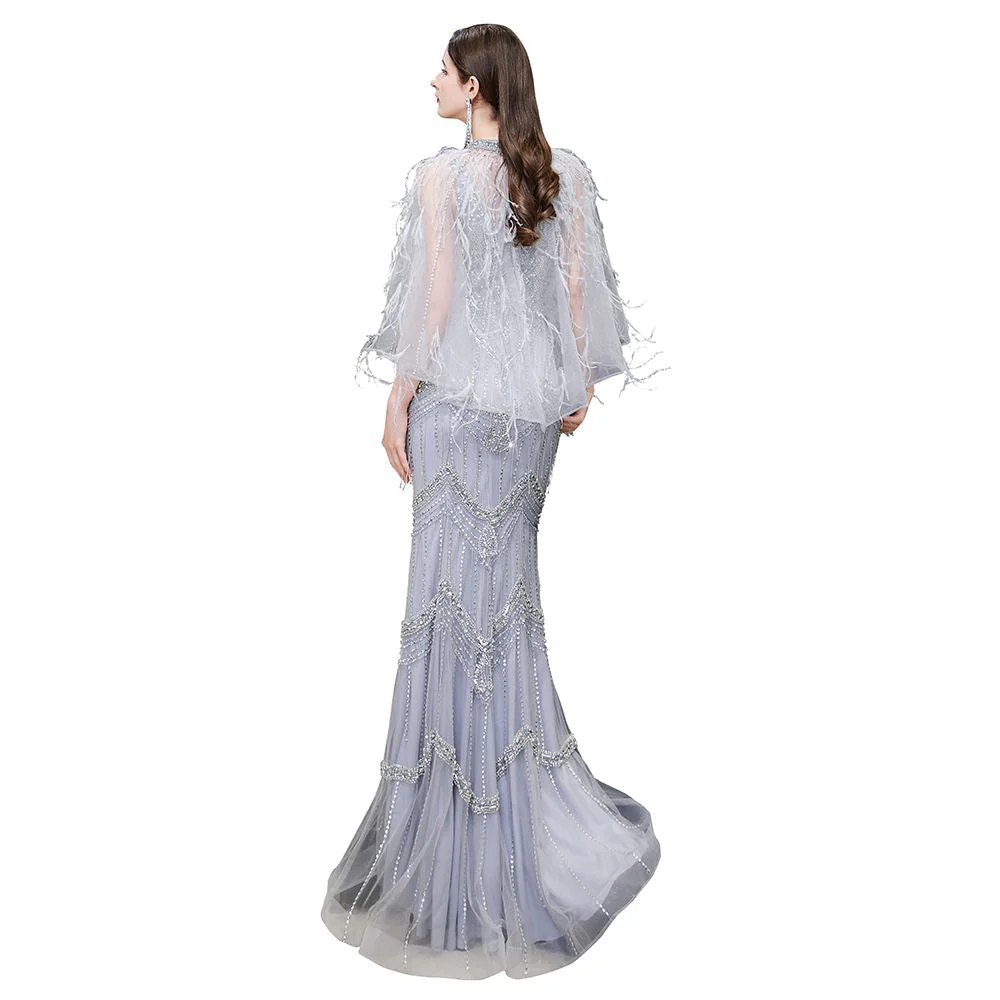 Gorgeous Silver Feather Cape Mermaid Sparkle Prom Party Gowns - Image 15