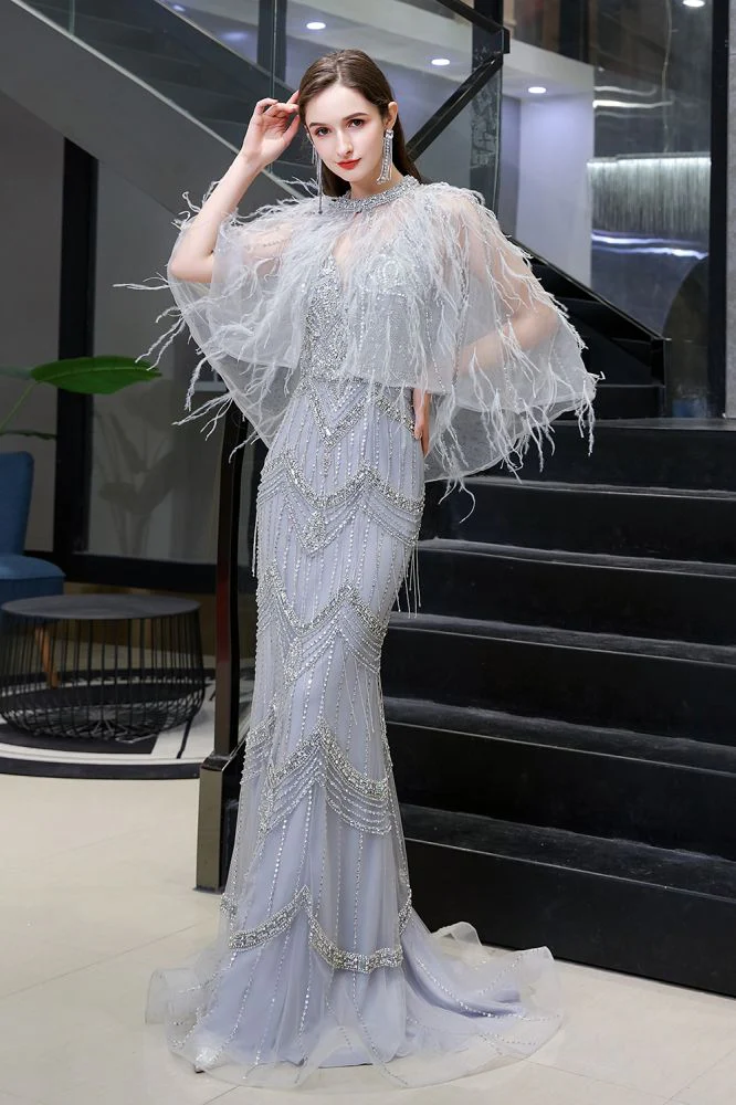 Gorgeous Silver Feather Cape Mermaid Sparkle Prom Party Gowns - Image 3
