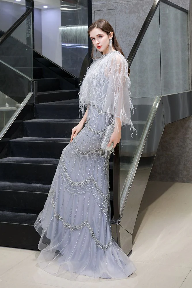 Gorgeous Silver Feather Cape Mermaid Sparkle Prom Party Gowns - Image 4