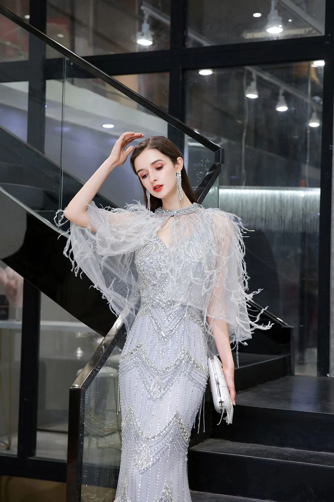 Gorgeous Silver Feather Cape Mermaid Sparkle Prom Party Gowns - Image 5