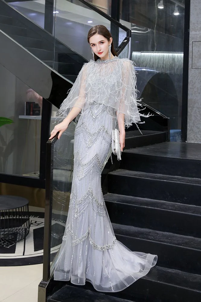 Gorgeous Silver Feather Cape Mermaid Sparkle Prom Party Gowns - Image 6