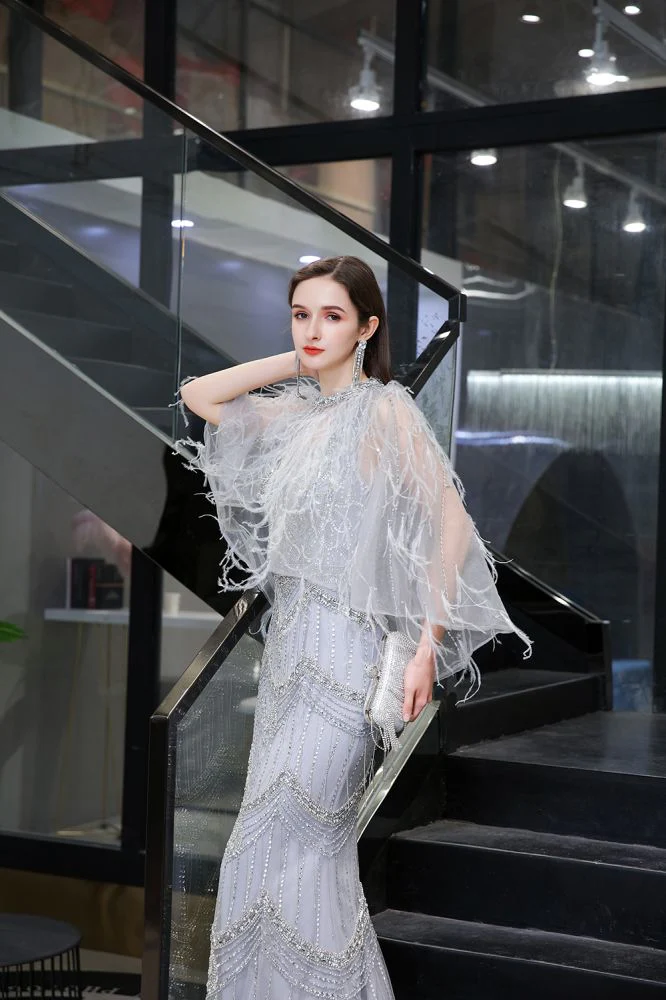 Gorgeous Silver Feather Cape Mermaid Sparkle Prom Party Gowns - Image 7