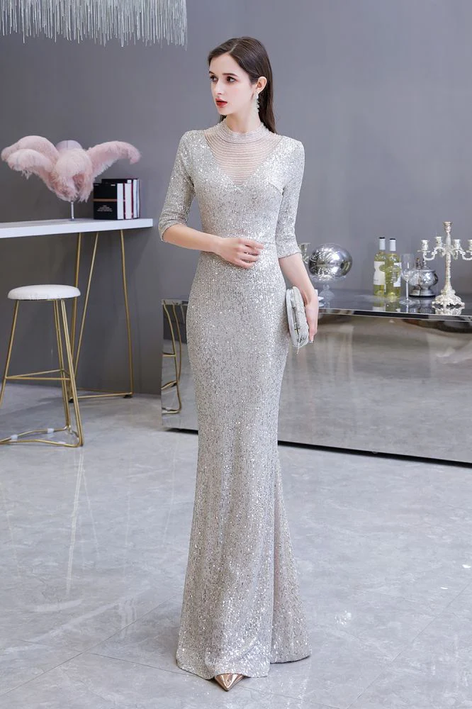 Gorgeous Silver Long Sleevess Long Prom Party Gowns - Image 10
