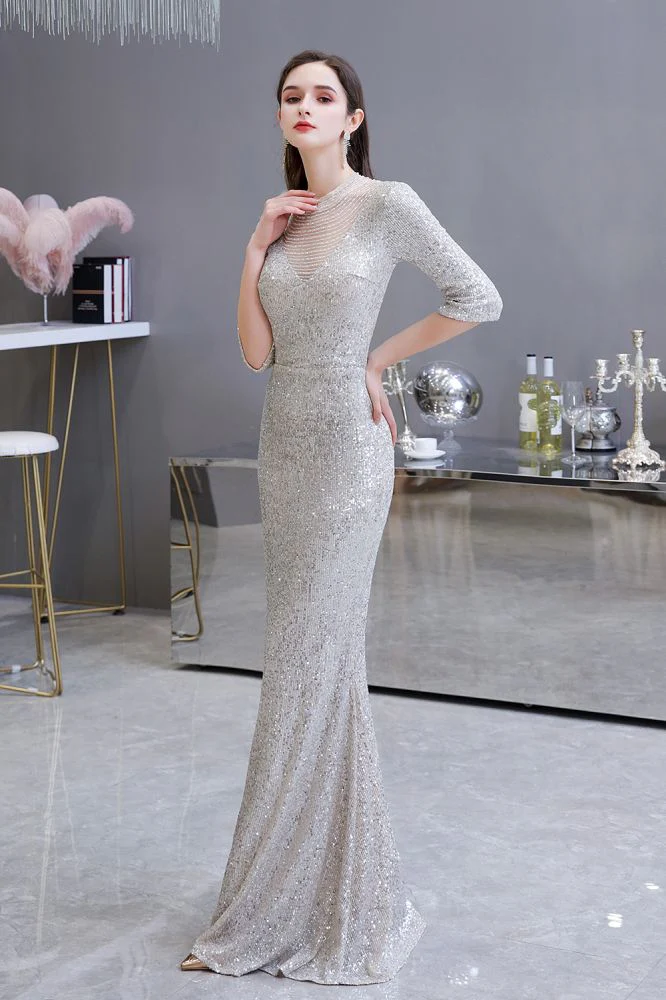 Gorgeous Silver Long Sleevess Long Prom Party Gowns - Image 3