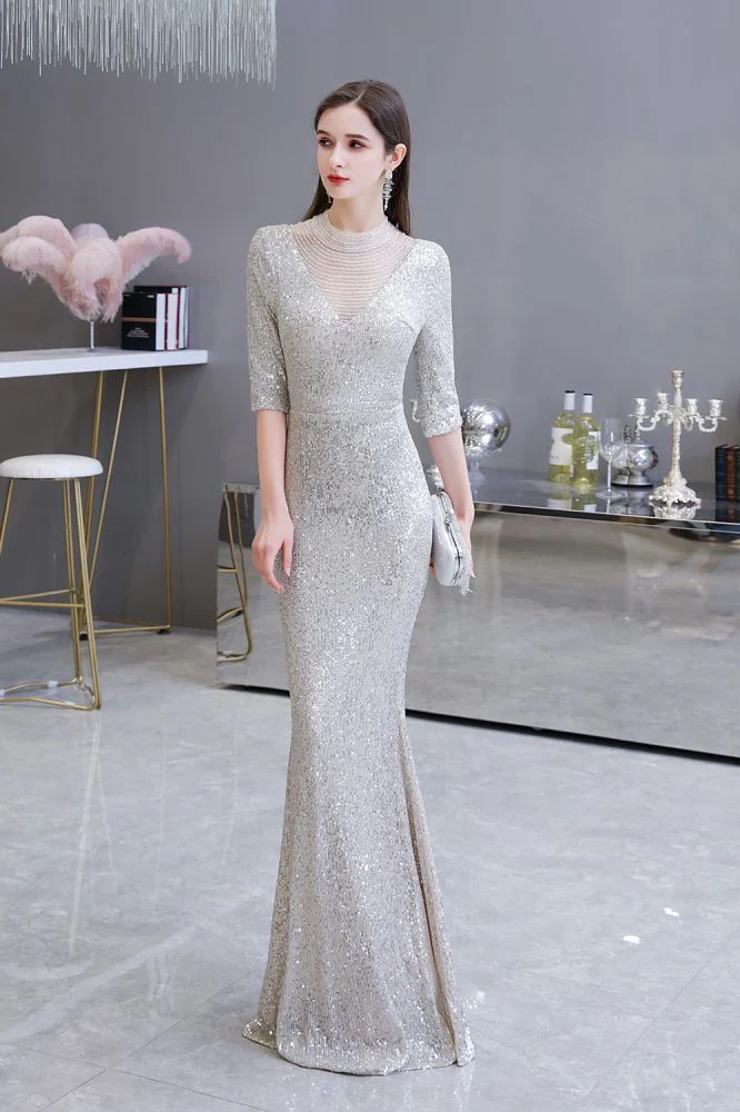Gorgeous Silver Long Sleevess Long Prom Party Gowns - Image 5