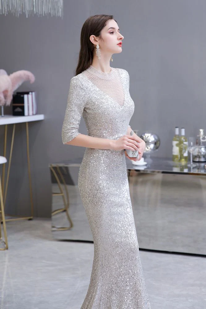 Gorgeous Silver Long Sleevess Long Prom Party Gowns - Image 6