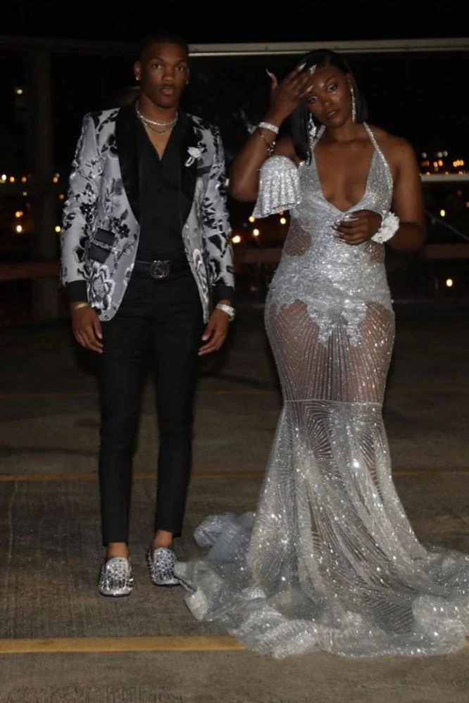 Gorgeous Silver Sequins See Through Halter Mermaid Court Train Prom Dresses - Image 2