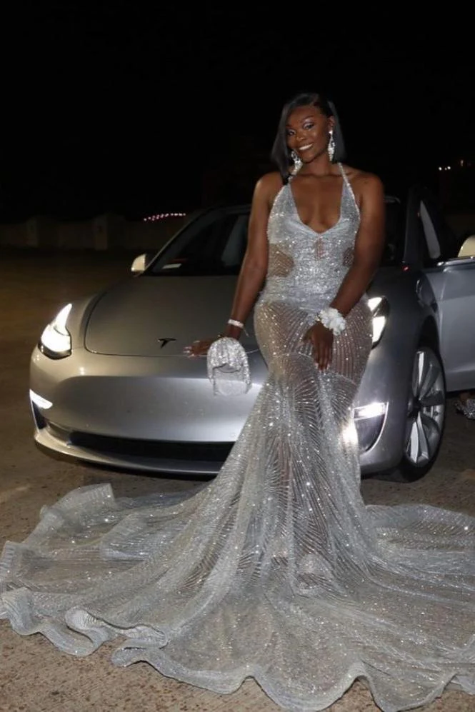 Gorgeous Silver Sequins See Through Halter Mermaid Court Train Prom Dresses - Image 3