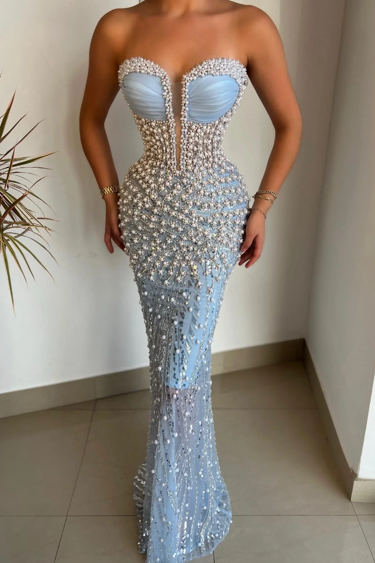 Gorgeous Sky Blue Sweetheart Pearls Prom Dress Mermaid With Beads - Image 2