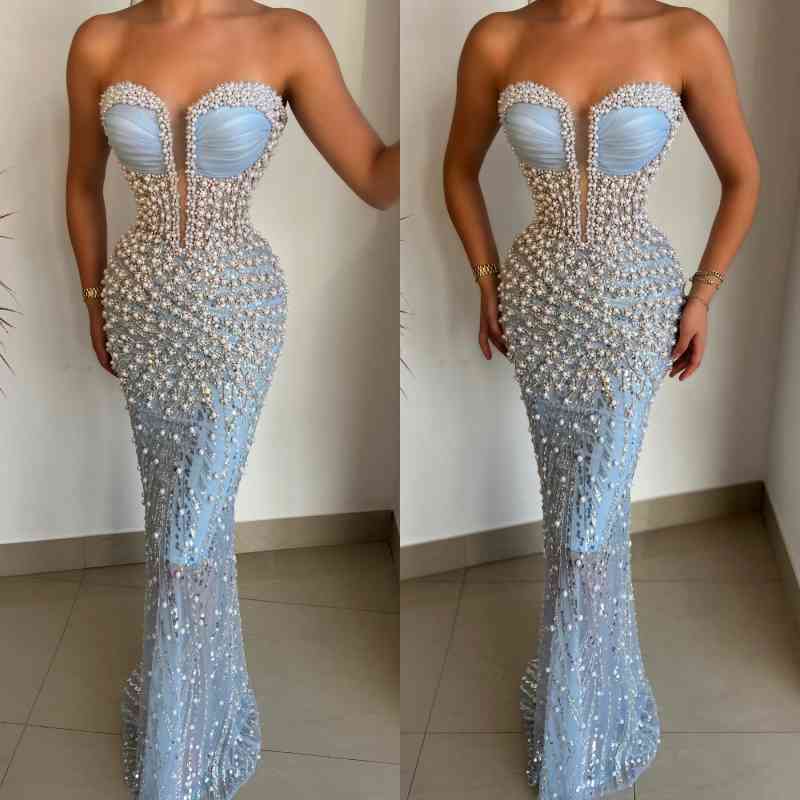 Gorgeous Sky Blue Sweetheart Pearls Prom Dress Mermaid With Beads - Image 3