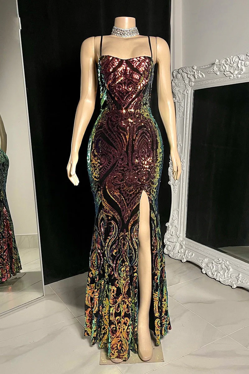 Gorgeous Spaghetti-Straps Mermaid Prom Dresses Sequins Sleeveless With Slit - Image 2