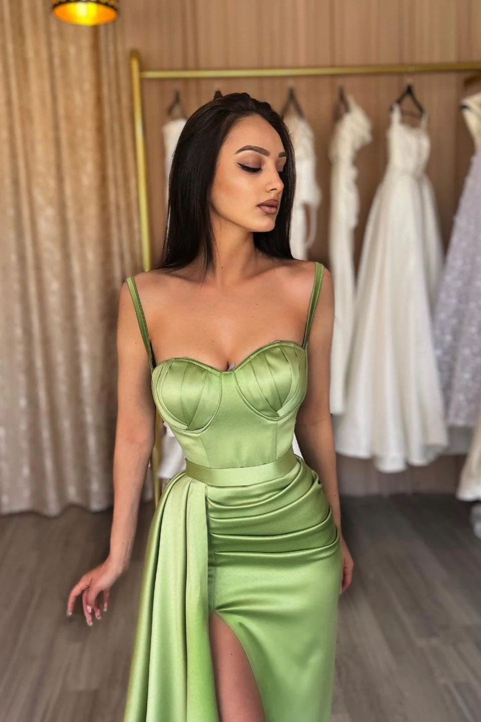 Gorgeous Spaghetti-Straps Sage Green Prom Dress Mermaid Split Long - Image 2