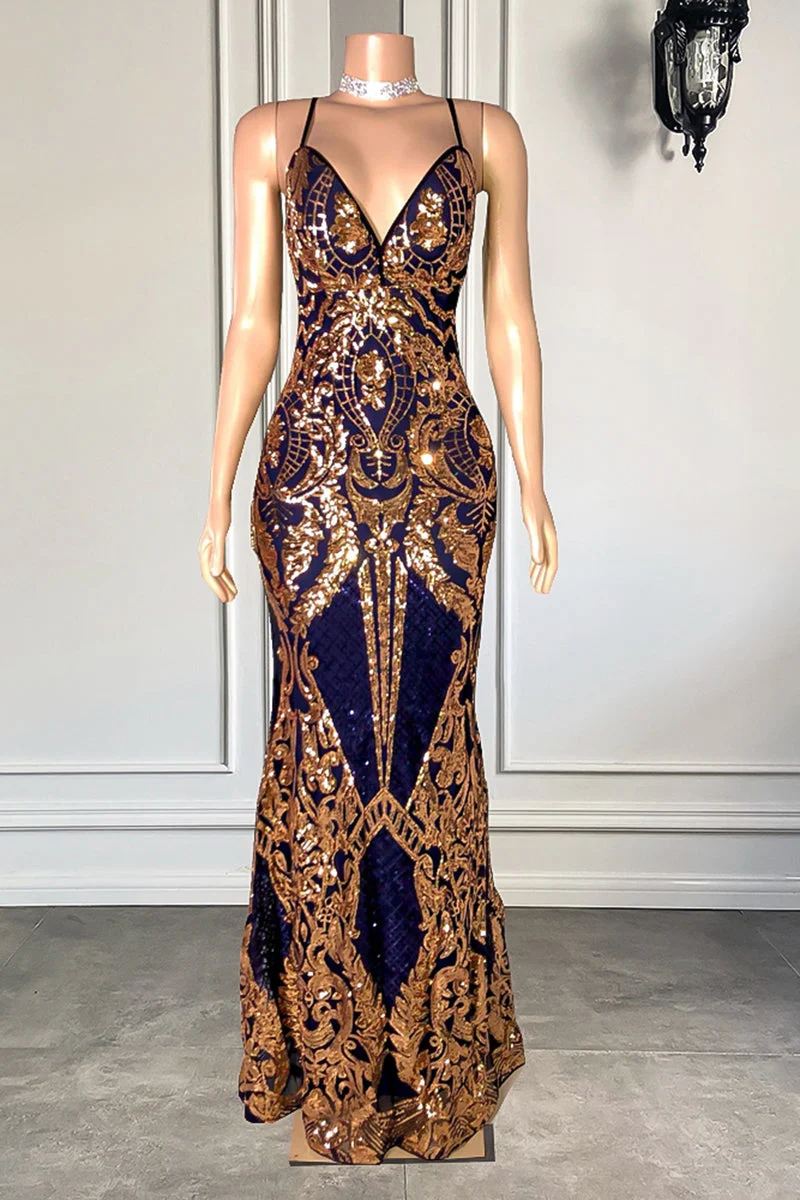 Gorgeous Spaghetti-Straps Sequins Mermaid Prom Dress Long V-Neck - Image 2
