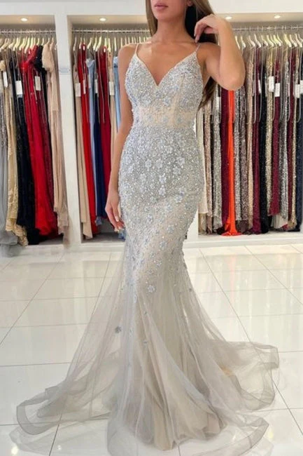 Classy Spaghetti-Straps Sleeveless Mermaid Lace Evening Dresses - Image 2