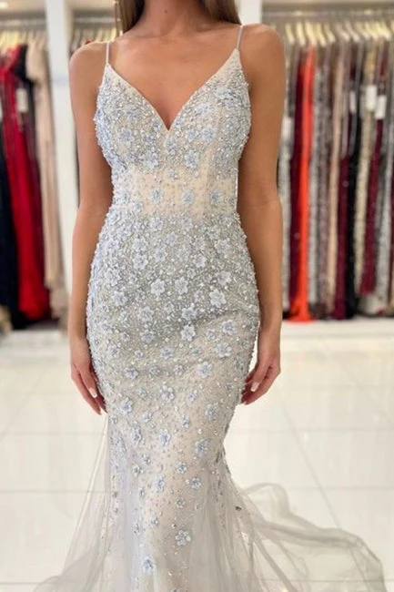 Classy Spaghetti-Straps Sleeveless Mermaid Lace Evening Dresses - Image 4