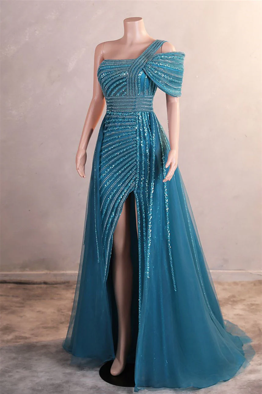Gorgeous One shoulder Dusty Sage Prom Dress Slit Long With Sequins Beads - Image 3