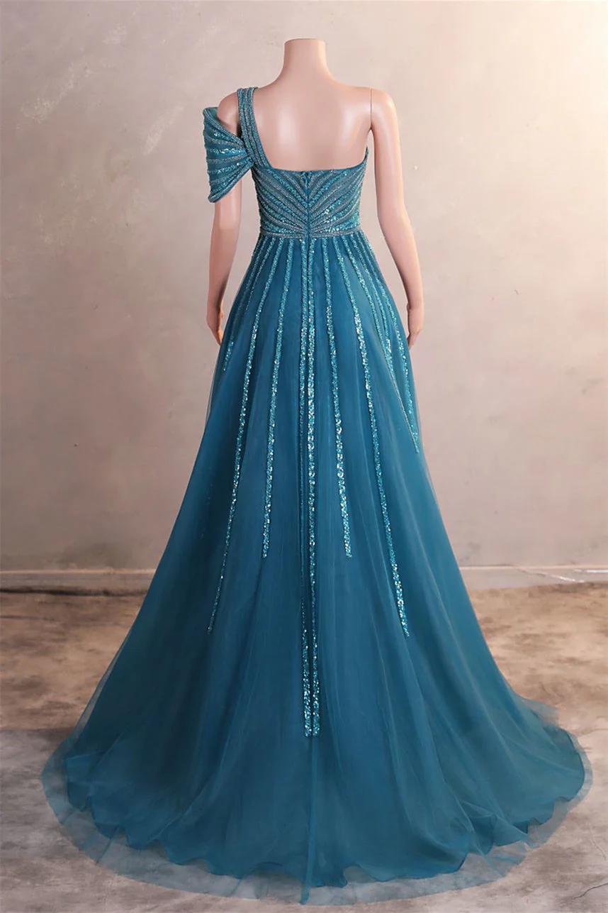 Gorgeous One shoulder Dusty Sage Prom Dress Slit Long With Sequins Beads - Image 4