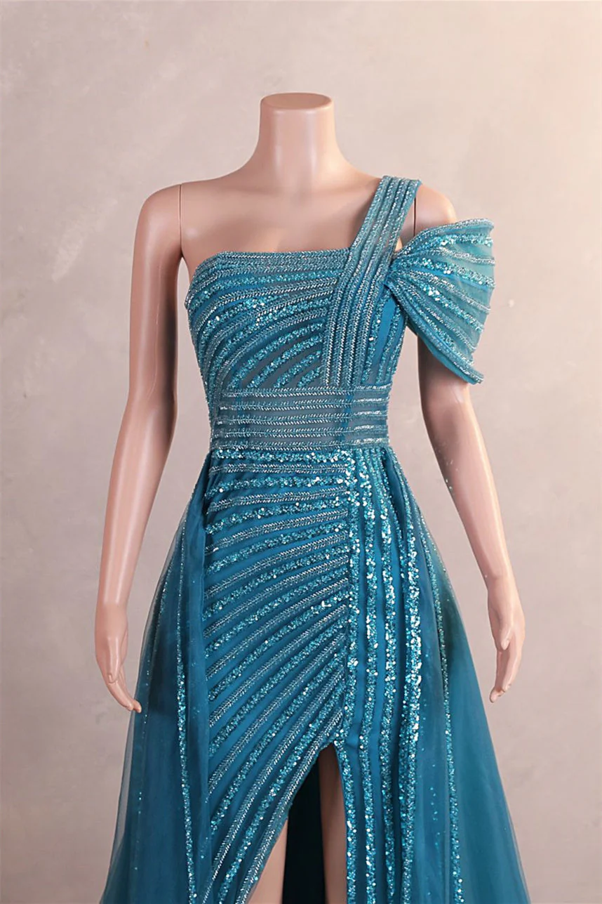 Gorgeous One shoulder Dusty Sage Prom Dress Slit Long With Sequins Beads - Image 5