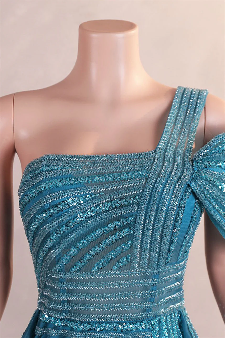 Gorgeous One shoulder Dusty Sage Prom Dress Slit Long With Sequins Beads - Image 6