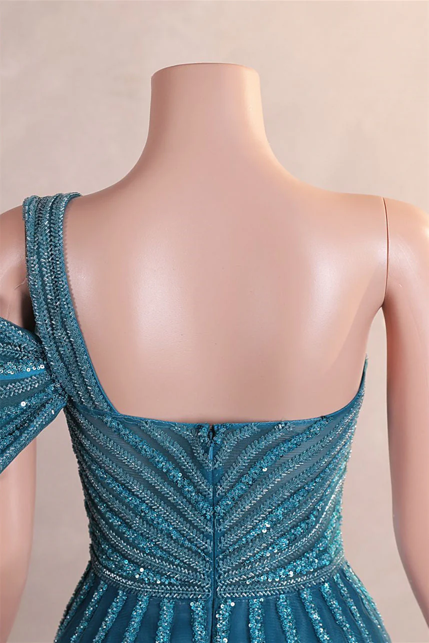Gorgeous One shoulder Dusty Sage Prom Dress Slit Long With Sequins Beads - Image 7