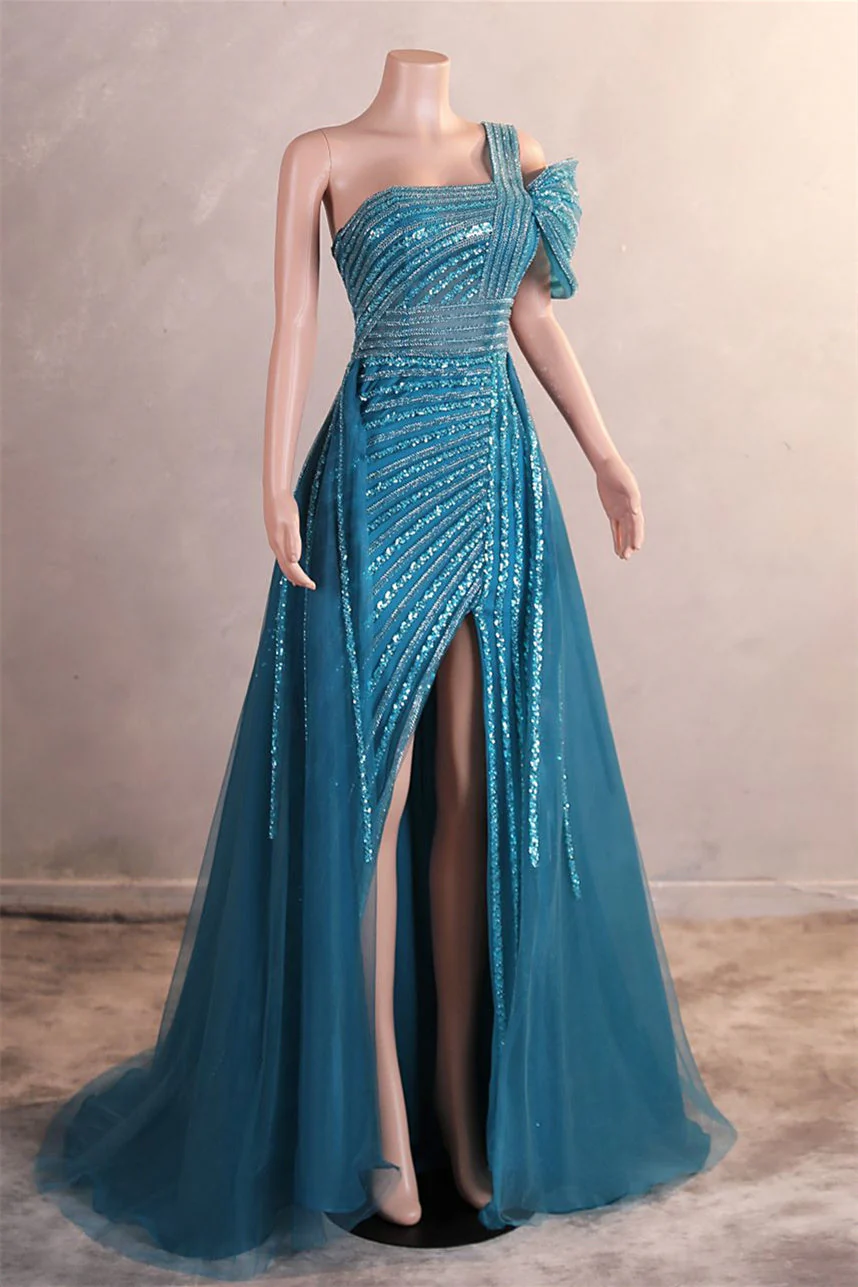 Gorgeous One shoulder Dusty Sage Prom Dress Slit Long With Sequins Beads - Image 8
