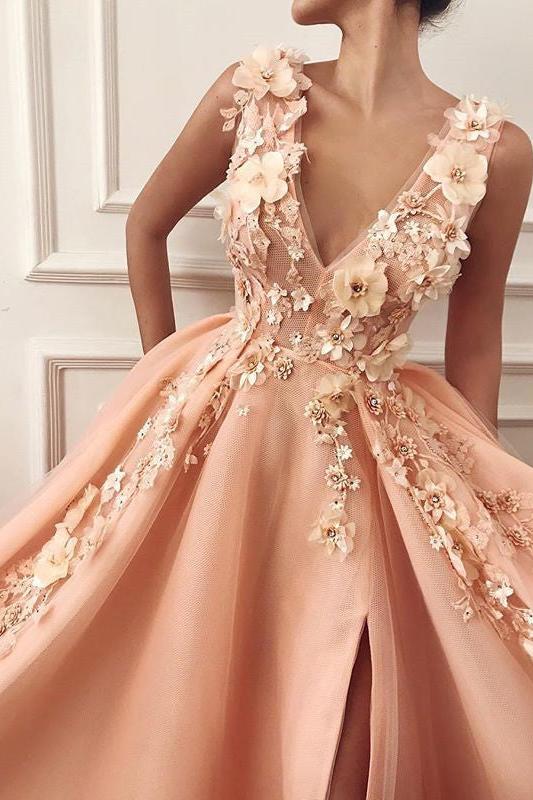 Gorgeous Straps V-Neck Flower Appliques A-Line Prom Party Gowns - Image 2
