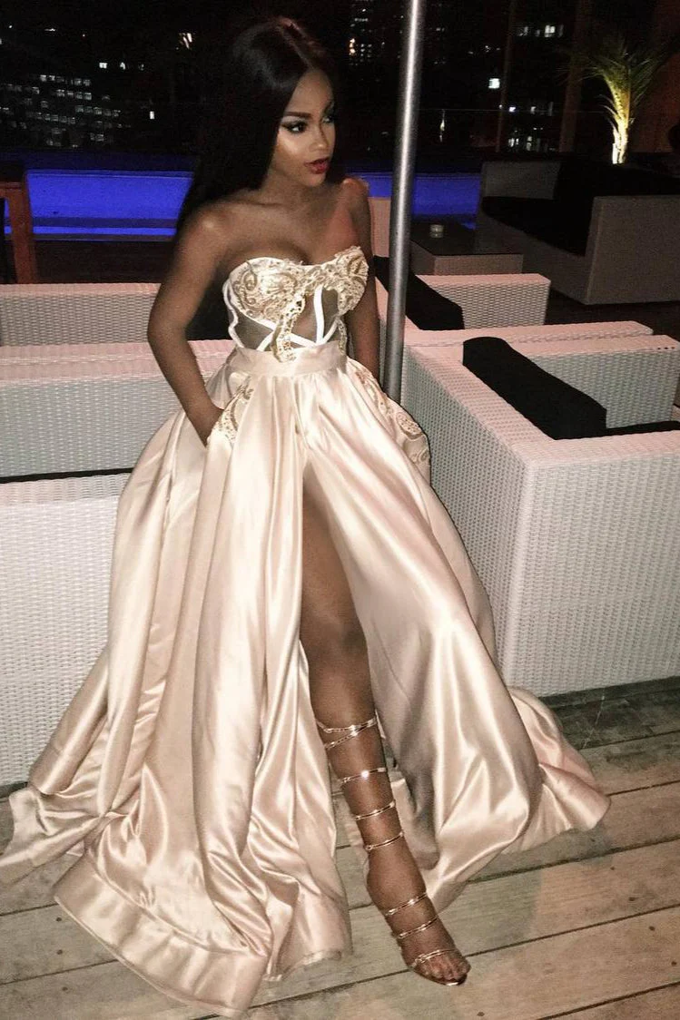 Gorgeous Sweetheart Long Prom Dress Slit Evening Gowns Appliques - Image 2