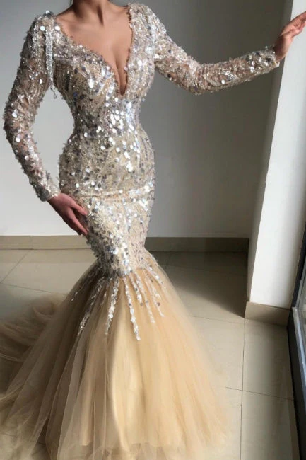 Classy V-Neck Long-Sleeve Mermaid Evening Dresses With Sequins - Image 2