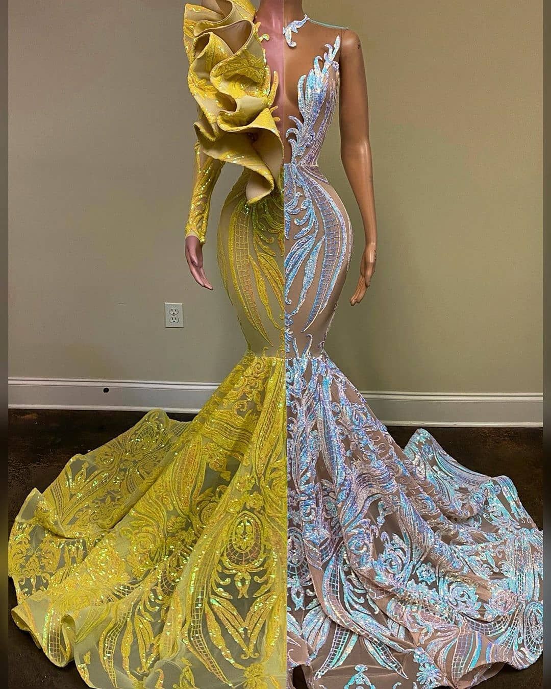Amazing V-Neck One Shoulder Long Sleeve Long Mermaid Prom Dress - Image 2