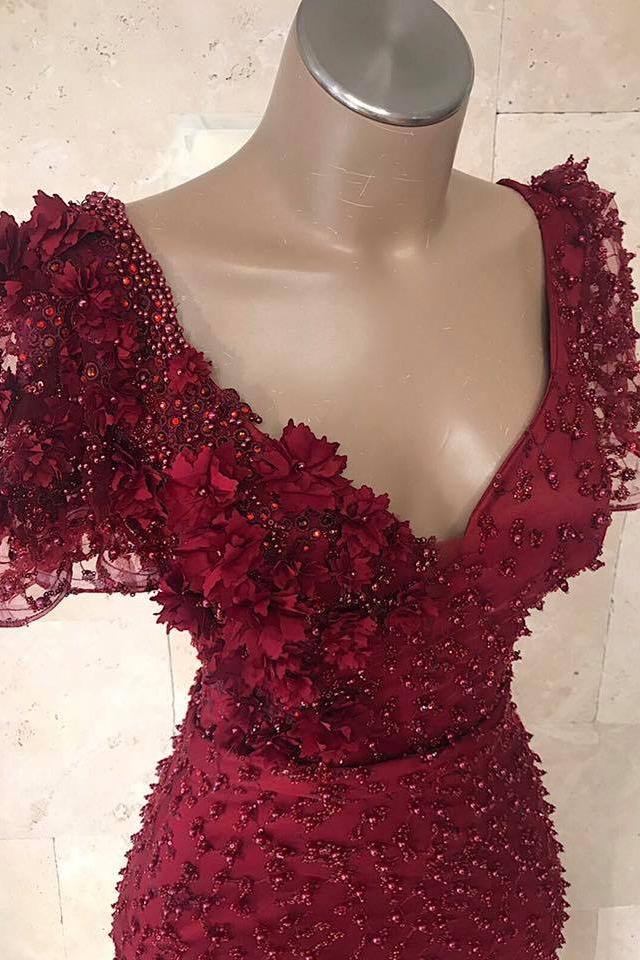 Gorgeous V-Neck Short Sleeves Beading Flower Mermaid Floor-Length Prom Dresses - Image 2