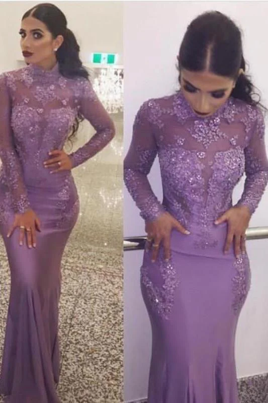 Gorgeous Wholesale High Neck Elegant Long Sleevess Evening Dresses Fit and Flare Appliques Prom Dresses - Image 2