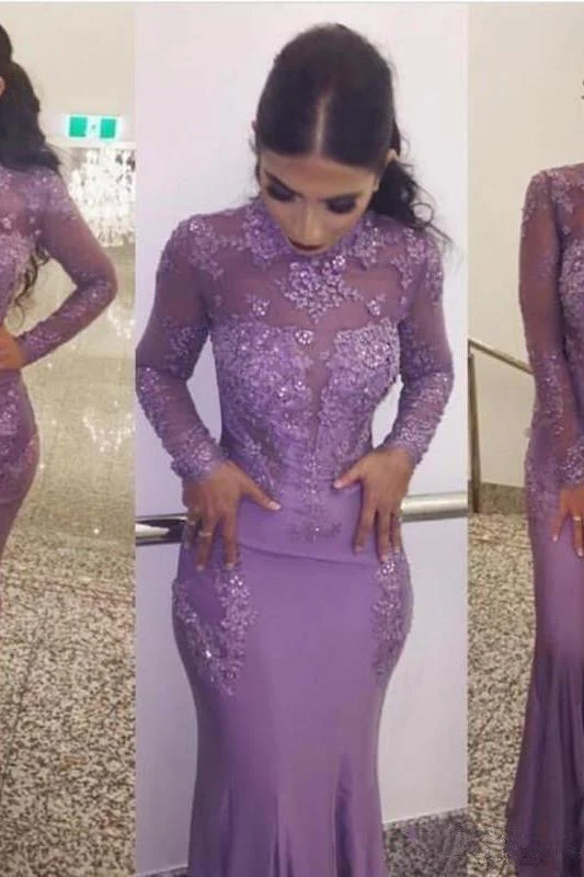 Gorgeous Wholesale High Neck Elegant Long Sleevess Evening Dresses Fit and Flare Appliques Prom Dresses - Image 3