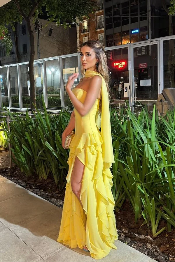 Gorgeous Yellow Strapless Sleeveless Chiffon Prom Dresses Ruffles Sheath With High Slit - Image 2