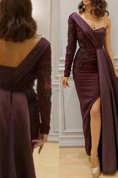Graceful Asymmetric Splicing One Shoulder Appliques Spandex Satin Party Dresses Floor Length Open Back Evening Gowns With Waist Band - Image 3