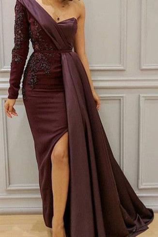 Graceful Asymmetric Splicing One Shoulder Appliques Spandex Satin Party Dresses Floor Length Open Back Evening Gowns With Waist Band - Image 4