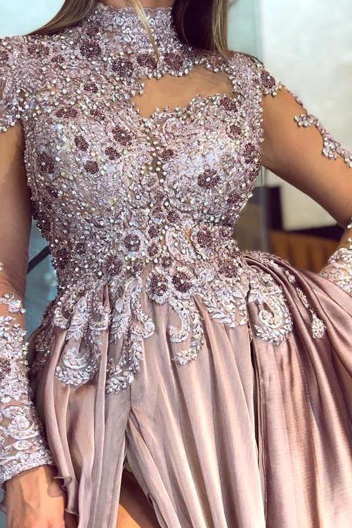 Graceful High Neck Lace Appliques Prom Dresses With Split See Through Evening Gowns - Image 2