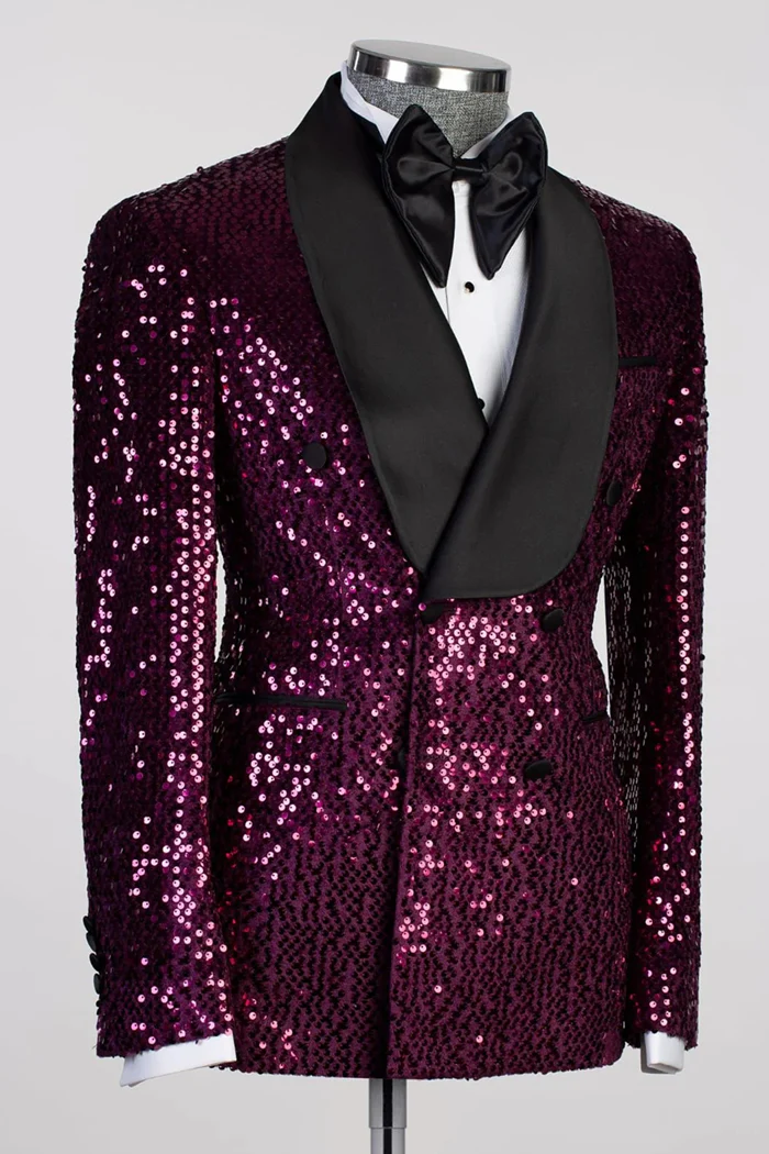 Grape Sequin Shawl Lapel Double-Breasted Prom Suit - Image 2