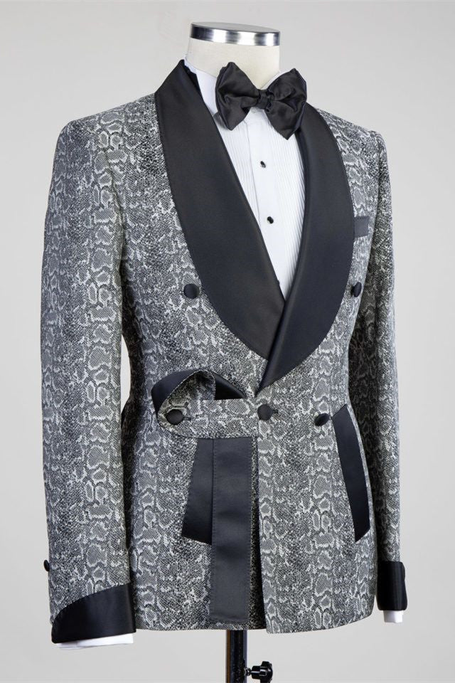 Gray Double Breasted Jacquard Wedding Men Suits with Black Lapel - Image 2