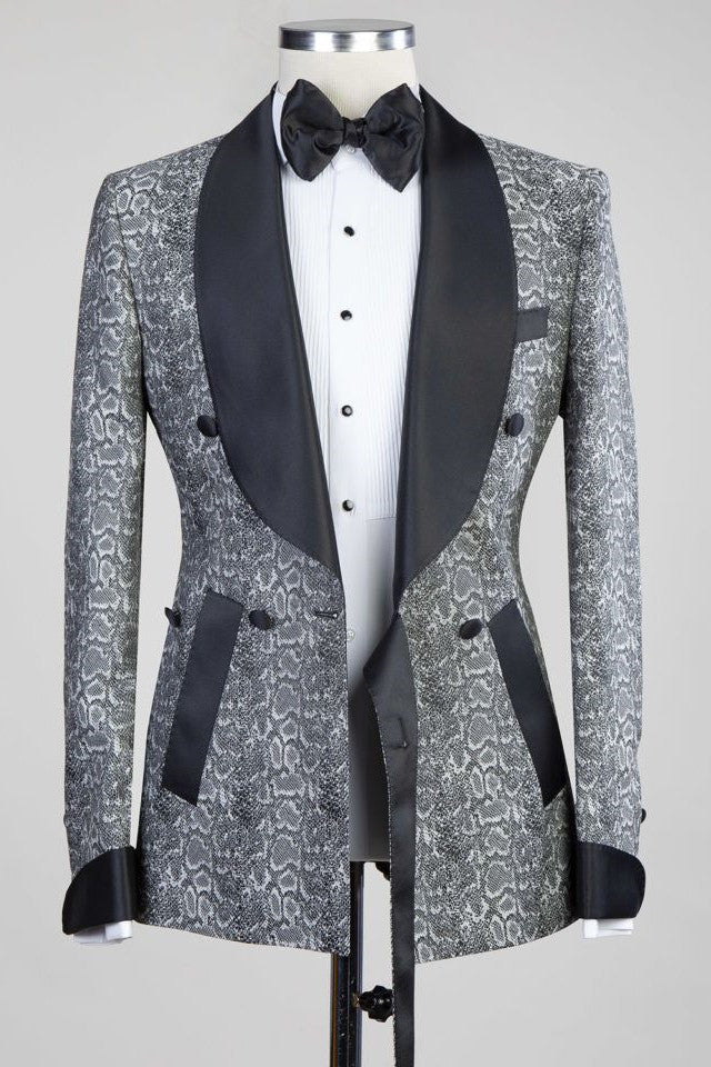 Gray Double Breasted Jacquard Wedding Men Suits with Black Lapel - Image 3