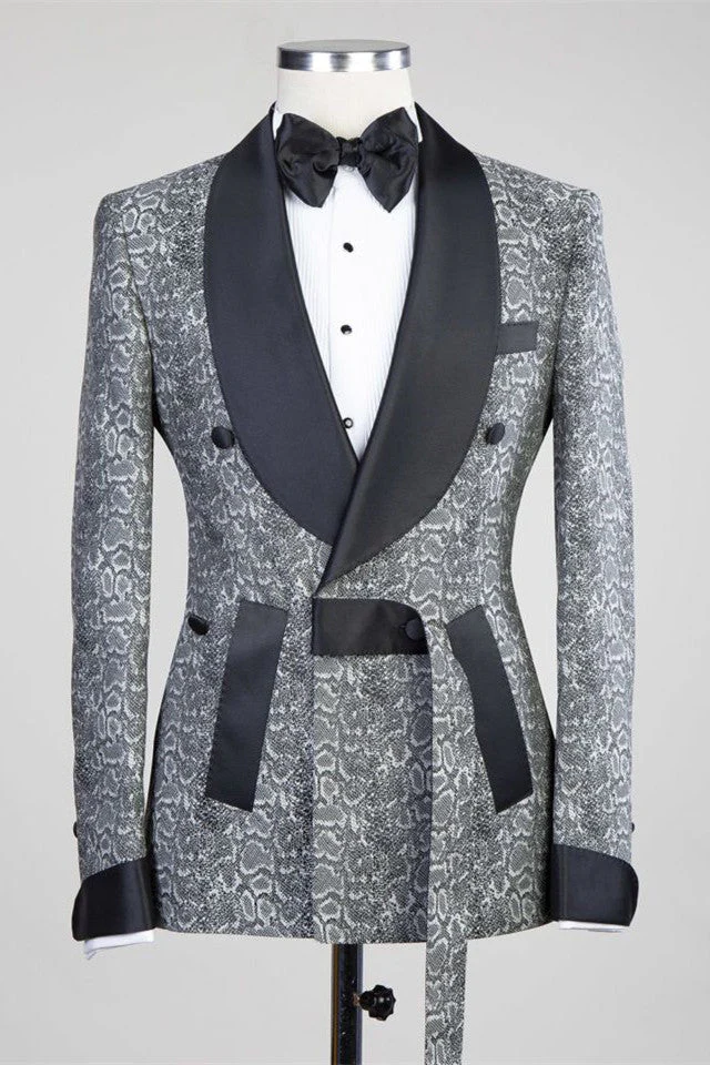 Gray Double Breasted Jacquard Wedding Men Suits with Black Lapel - Image 5