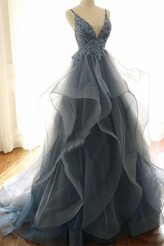 Gray Evening Dresses Tulle V-neck Ruffles Long Spaghetti Lace Beading Prom Party Gowns - Image 2