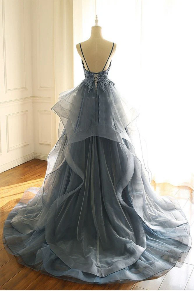 Gray Evening Dresses Tulle V-neck Ruffles Long Spaghetti Lace Beading Prom Party Gowns - Image 3