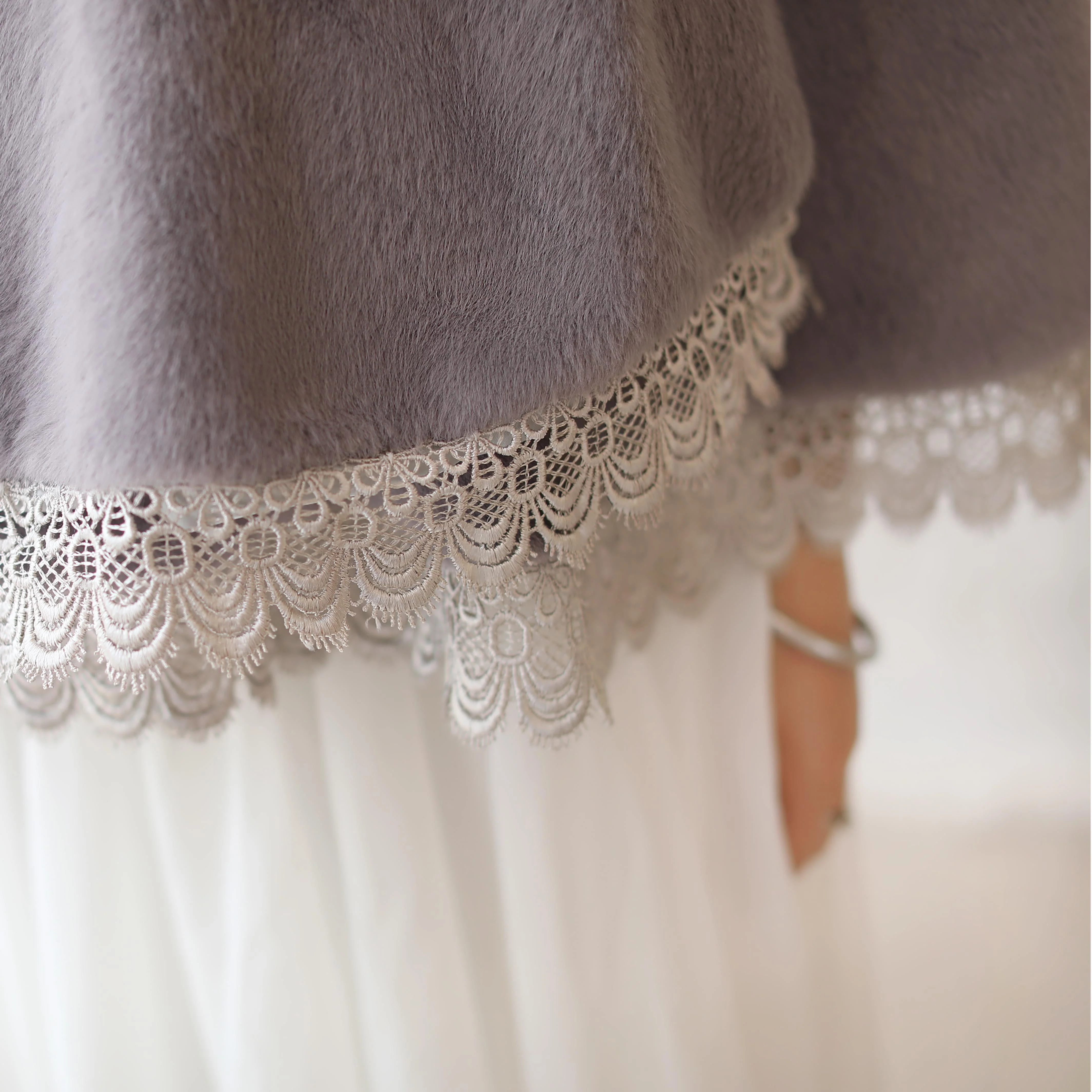 Gray Lace-Trimmed Warm Wedding Gown Shawl - Image 8