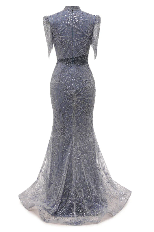 Gray Mermaid Sparkle Half Sleeves V-neck High neck Evening Dresses - Image 2
