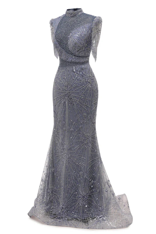 Gray Mermaid Sparkle Half Sleeves V-neck High neck Evening Dresses - Image 3