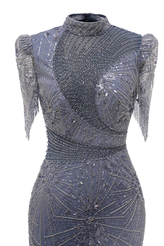 Gray Mermaid Sparkle Half Sleeves V-neck High neck Evening Dresses - Image 4