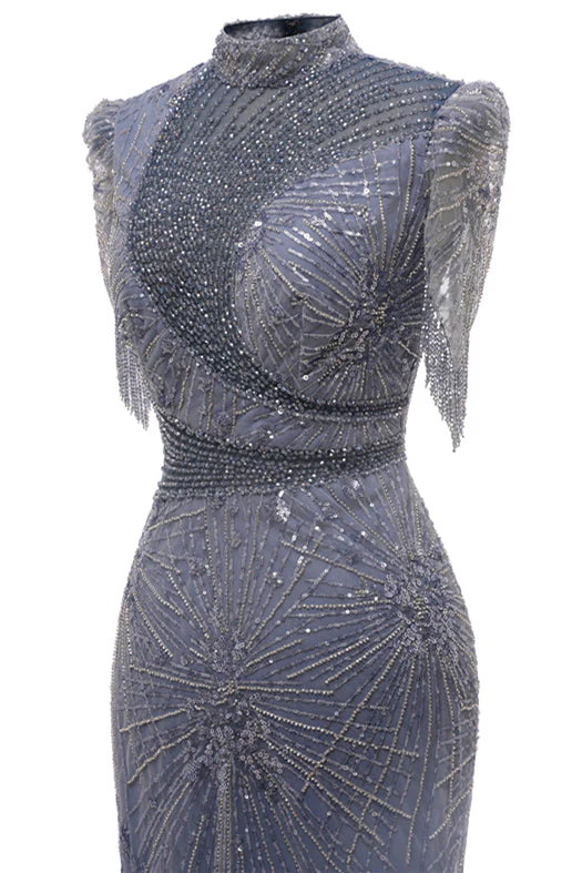 Gray Mermaid Sparkle Half Sleeves V-neck High neck Evening Dresses - Image 5
