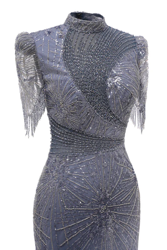 Gray Mermaid Sparkle Half Sleeves V-neck High neck Evening Dresses - Image 6