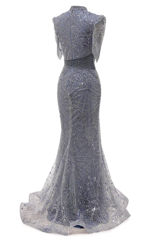 Gray Mermaid Sparkle Half Sleeves V-neck High neck Evening Dresses - Image 7