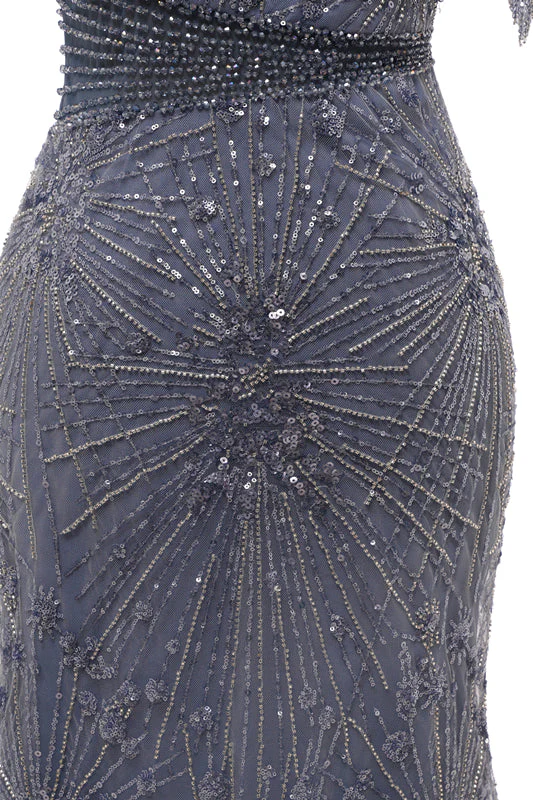 Gray Mermaid Sparkle Half Sleeves V-neck High neck Evening Dresses - Image 8